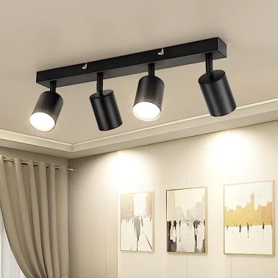 Image of Dehobo Ceiling Light Spotlight Bar in Matt Black Lights Spotlights with GU10 Socket Industrial 4 Way Indoor Spot for Kitchen Lounge Bedroom Dining Room