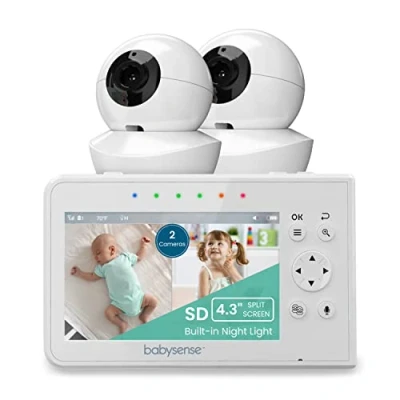 Image of Babysense Video Baby Monitor, 4.3 Inch Split Screen with Two Cameras and Audio, Remote Pan &amp; Tilt, 300m Range (Open Space), Adjustable Night Light, Way Zoom, Vision, Lullabies