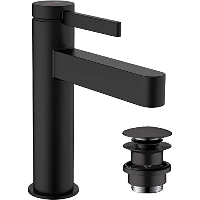 Image of hansgrohe Finoris Basin Mixer Tap 110 Energy Saving with push open waste set, matt black, 76024670
