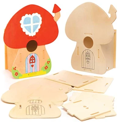 Image of Baker Ross AT531 Fairy House Wooden Kits Pack of 2, Bird Houses to Paint and Decorate for Kids Arts Crafts or Garden Projects