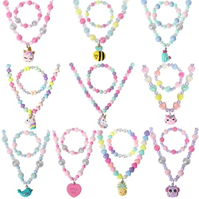 Image of Pinkgarden 10 Sets Beaded Necklace Bracelet for Kids Girls, Unicorn Cat Bird Owl and Beads Nceklace, Princess Jewelry Bags Little Girls Dress Up Pretend Play Party Gifts…