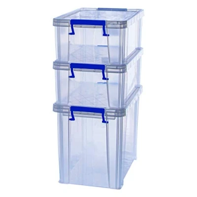 Image of Bankers Box Plastic Storage Boxes with Lids, Pack of 3, 2 x 10 Litre + 1 18.5 Litre. ProStore Strong Stackable Boxes, Made in the UK, Clear