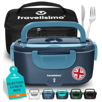 Image of TRAVELISIMO Electric Lunch Box Food Heater 80W Heated 1.5L Warmer Container Hot in Car Truck &amp; Office, 12V/24V/230V Boxes for Adults, Stainless Steel