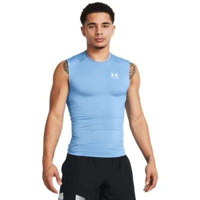 Image of Under Armour Men&#039;s HeatGear Compression Sleeveless T Shirt, (475) Carolina Blue/White, S