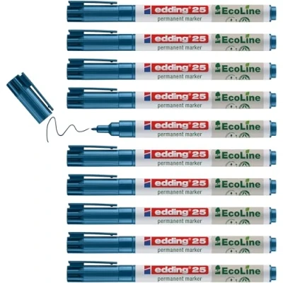Image of edding 25 Ecoline permanent marker blue box of 10 round tip 1 mm waterproof, quick drying, smear proof pens for cardboard, plastic, glass, wood, metal and fabric refillable