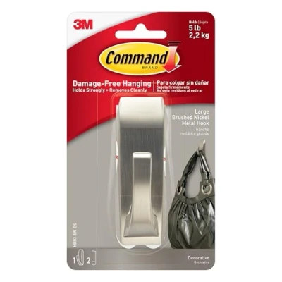 Image of Command Large Modern Reflections Brushed Nickel Metal Hook, Indoor use 1 Hook and 2 Adhesive Strips Hang Jackets, Purses, Handbags, Backpacks, Hats, Scarves, Dog leads Organise Damage Free