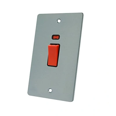 Image of AET FSCCSWBLT Satin Chrome Flat 45A Tall Black Insert 45 Amp DP Cooker Switch w/Neon Indicator 2 Gang Plate