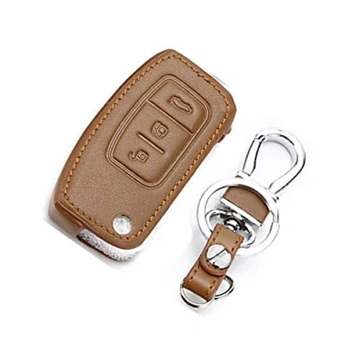 Image of Happyit Leather Car Fob Key Cover Cases for Ford New Fiesta Ecosport Focus 2 MK2 2012 2021 3 Buttons with Keychain (Brown)