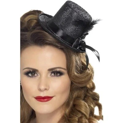 Image of Smiffys Mini Tophat, Black with Ribbon and Feather, 1920&#039;s Razzle Fancy Dress, 1920s Dress Up Hats