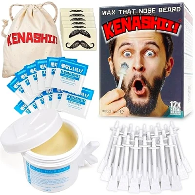 Image of Nose Wax Kit 100 g Wax, 24 Applicators The Original and Best Ear Hair Removal from Kenashii Nasal Waxing For Men Women 12 Applications Balm Wipes Mustache Guards