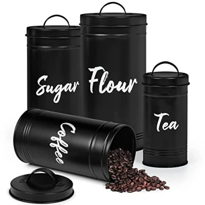 Image of EHC Tea Coffee Sugar Set + Flour Airtight Food Storage Containers with Lid, of 4 Canisters For the Kitchen Pantry Organization, Black