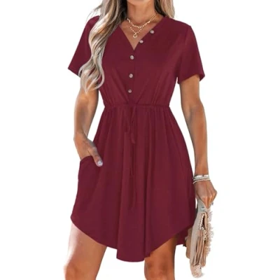Image of AUSELILY Summer Dresses for Women UK Casual V Neck Short Sleeve Drawstring Midi with Pockets Wine Red S
