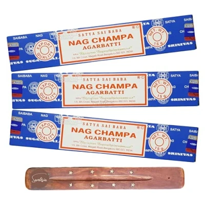 Image of Satya Nag Champa Agarbatti incense sticks x3 pack with SAMASIA holder Used for Aromatherapy, Spa, Yoga, Weddings, Meditation, Healing, Positivity and Relaxation