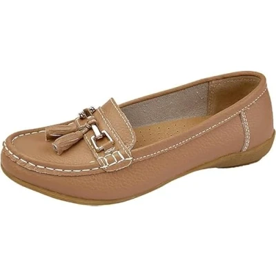 Image of Jo &amp; Joe Ladies Wide Fit Flat Leather Tassel Moccasins Loafer Nautical Shoe Plimsole Pumps Womens. Mocha Size 7