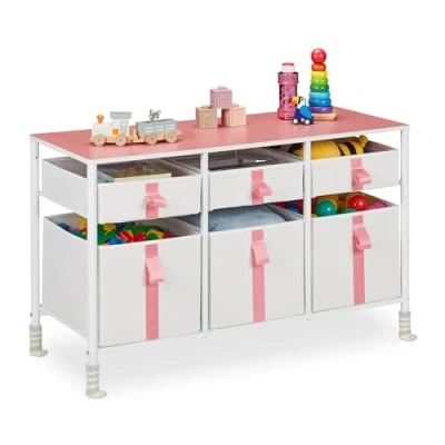 Image of Relaxdays Chest, Children, HxWxD: 61.5 x 100 40.5 cm, 6, Metal, Drawer Cabinet, White/Pink, Steel, Polyester, Fibreboard