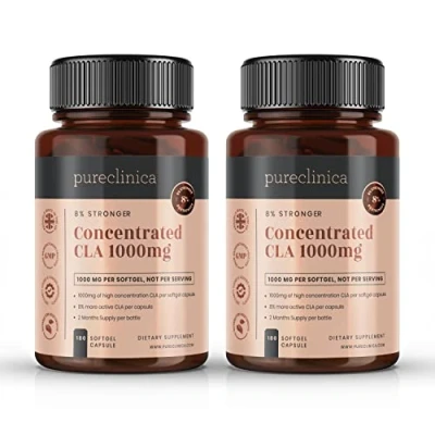 Image of Pureclinica Concentrated CLA 1000mg x 360 Tablets (2 Bottles of 180) Rich Conjugated Linoleic Acid 1 Years Supply