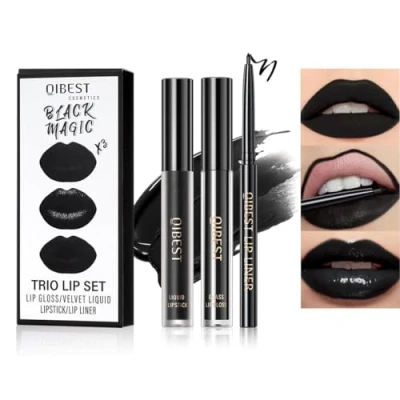 Image of Baorder 3Pcs Black Matte Lip Liner and Liquid Lipstick Stain Set,Long Lasting Lipgloss+Glossy Gloss+Lip Pencil,3 In 1 Makeup Kit Halloween Goth
