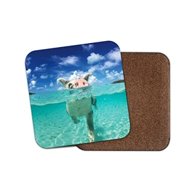 Image of 1 x Cute Swimming Pigs Pig Bahamas Cork Backed Drinks Coaster for Tea &amp; Coffee #8098 (1 Coaster)