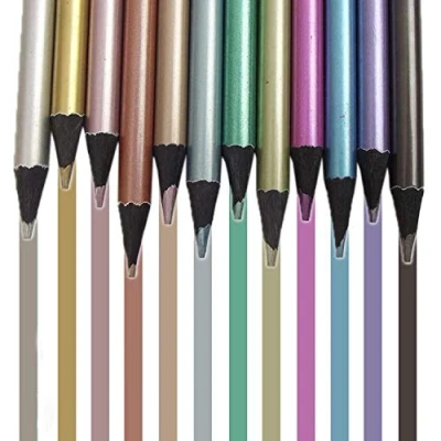Image of 12 pcs Metallic Colored Drawing Pencils Black Wooden Art Sketching Non toxic Set Vibrant Color Painting Travel Writing Artist Kit Supplies