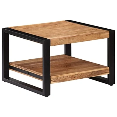 Image of vidaXL Solid Acacia Wood &amp; Iron Frame Coffee Table Handmade Square with Storage, 60x60x40cm, for Living Room/Office/Bedroom