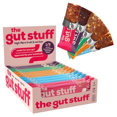 Image of The Gut Stuff Good Fibrations High Fibre Fruit &amp; Nut Bars Mixed Flavours 12 x 35g Bar Box Friendly Snack, Gluten Free, Vegan, Low Calorie, All Natural
