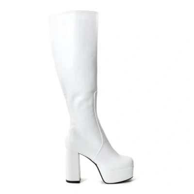 Image of LAMODA Women&#039;s Whatta Showdown Knee High Platform Boot in White, Ladies Casual Boots, Block Heel and Side Zipper, Vegan Winter Long UK8