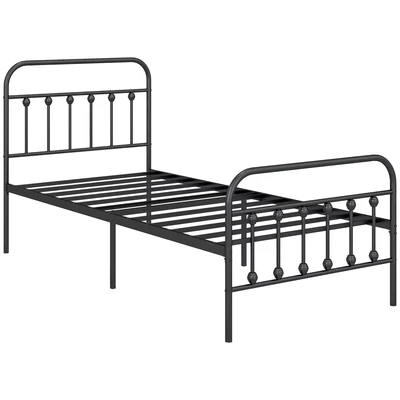 Image of HOMCOM 3ft Single Bed frame with Underbed Storage, Metal Platform Tall Headboard, Footboard and Steel Slat Support, No Box Spring Needed, Easy Assembly, Black