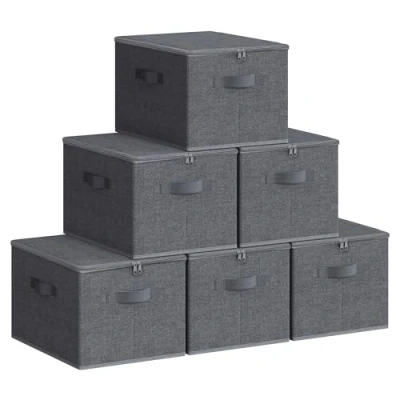 Image of SONGMICS Foldable Storage Organiser Boxes, Set of 6 Basket Bins with Lids, Handles, Clothes Organiser, 40 x 30 25 cm, Non Woven Fabric, Slate Grey RZB003G02