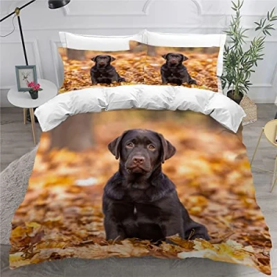 Image of King Size Bedding Sets Chocolate Labrador Hound Puppy Autumn Forest Double Bed Duvet Cover Set with Pillow Cases Hidden Zipper Adults Teenager 3Pcs Fluffy