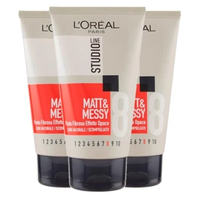 Image of L&#039;Oréal Paris Studio Line Matt&amp;Messy Fibrous Paste Matt Effect Wild Look 8 Ultra Strong Hold 3x 150ml Bottles