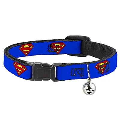 Image of Buckle Down BAC WSM001 NM Blue Superman Shield Breakaway Cat Collar, 1/2&quot; Wide Fits 8 12&quot; Neck Medium