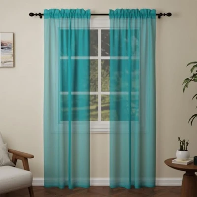Image of Pacok Teal Voile Curtains, 90 Drop 2 Panels Net Curtain for Windows, Rod Pocket Sheer Panel Curtains Living Room Kitcken Bedroom W56xL90 Inch(Teal, 142 x 228cm)