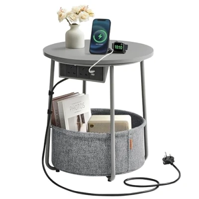 Image of VASAGLE Side Table with Charging Station, Round End Power Outlets, USB Ports, Fabric Basket, Living Room, Bedroom, Bedside Table, Modern, Dove Grey and Slate LET228G03