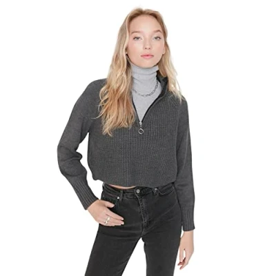 Image of Trendyol Women Regular fit Basic Standing Collar Knitwear Sweater Gray
