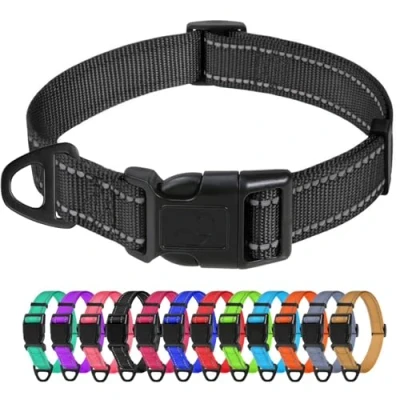 Image of TagMe Reflective Nylon Dog Collars, Adjustable Classic Collar with Quick Release Buckle for Small Dogs, Black, 1.5 cm Width