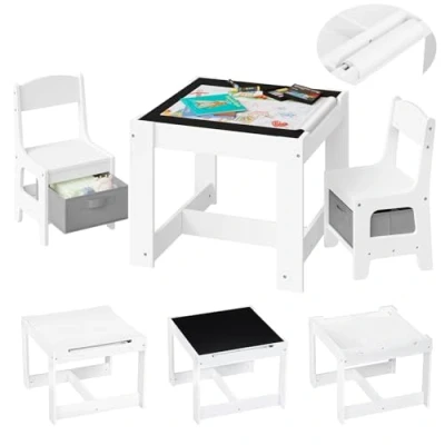 Image of Lestarain Children’s Table and Chair Set with Storage Kids Desk 2 Chairs Reversible Tabletop Blackboard Paper Roll, for Toddler, Nursery, Playroom, Preschool Furniture