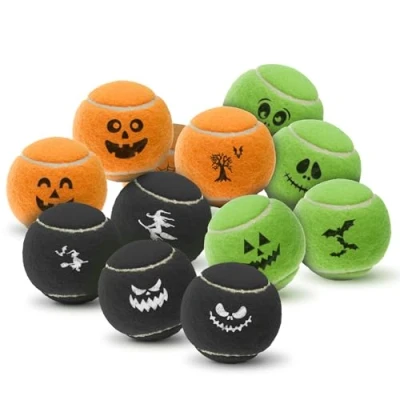 Image of SPORTSPET Spooky Tennis Balls for Dogs 12 Pack with Mesh Bag Non Abrasive Dog 64mm Halloween Inspired Colours Year Round Fun