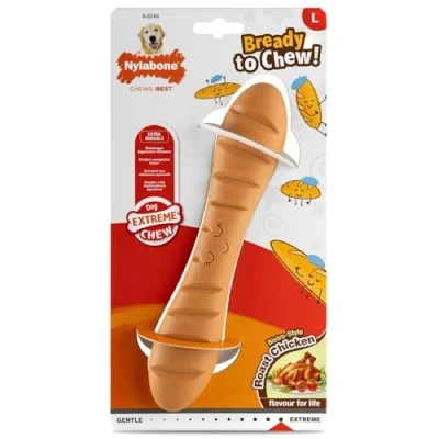 Image of Nylabone Extreme Chewers Tough Nylon Dog Novelty Baguette Chew Toy, Durable, Boredom Breaker, Cleans Teeth, Roast Chicken Flavour, Large, For Dogs 0 23kg