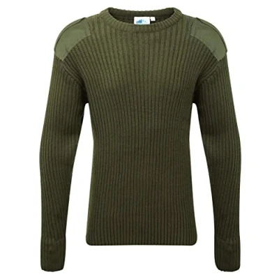 Image of Mens Army Pullover Security Military Jumper Knitted Sweater Crew Neck With Shoulder Epaulettes And Elbow Patches (XX Large, Olive)