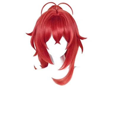 Image of PWEINCY Long Curly Clip on Ponytail Red Wig with Bangs for Women Diluc Cosplay Costume Synthetic Wigs Halloween