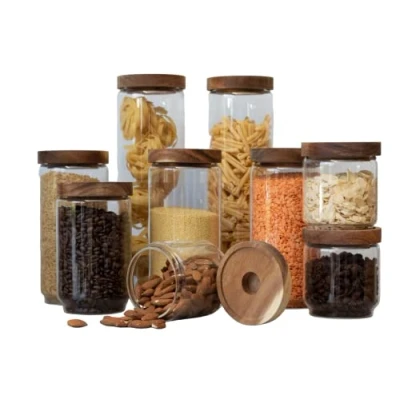 Image of Acacia Glass Storage Jars multiple sizes 250 ML 450 750 950 1500 ML, Airtight food jar, Pantry Container, Jars, (950 ML)