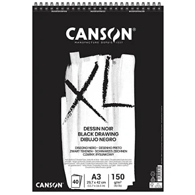 Image of CANSON XL Black Drawing 150gsm A3 Paper, Double Sided: Grained &amp; Smooth, Spiral Pad Short Side, 40 Sheets, Ideal for Professional Artists Illustrators