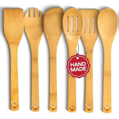 Image of Woodlands USA Bamboo Wooden Spoons for Cooking 6 Piece Kitchen Utensil Set Natural Material Spatula &amp; utensils Spatulas Tools