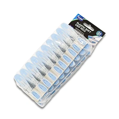 Image of Addis Soft Clip Plastic Large Clothes Washing Line Pegs, Pack of 20, Blue Clear