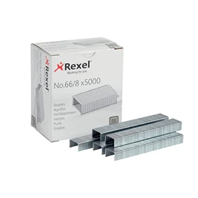 Image of Rexel No.66/8 mm Heavy Duty Staples, For Stapling up to 40 Sheets, Use with the Giant and Goliath Staplers, Box of 5000, 6065,Silver