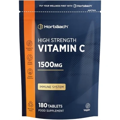 Image of Vitamin C Tablets 1500mg 180 Count High Strength as Ascorbic Acid Suitable for Vegetarian and Vegan by Horbaach