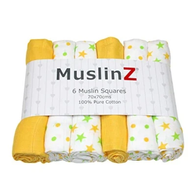 Image of MuslinZ 6pk Baby Muslin Squares Burp Cloths Dribble Cloth Breastfeeding Cover 70x70cm 100% Pure Cotton Absorbent &amp; Breathable (Yellow Star)