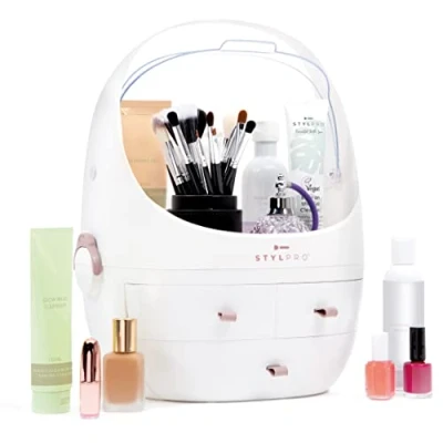 Image of STYLPRO Beauty Storage Pod, Cosmetics &amp; Skincare Organiser with 3 Drawers, Detachable Lid, Dustproof Cover Travel Handle for Dresser, Bedroom, Bathroom Home Organisation, White 31x27x40cm