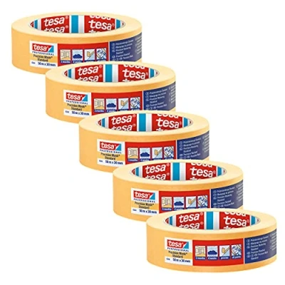 Image of tesa Precision Masking Tape 4344 Standard Pack of 5 Professional with Thin Paper Backing for Precise and Covering Orange 50 m x 30 mm Each
