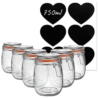 Image of Argon Tableware Glass Storage Jars with Labels Vintage Food Preserving Container Clip Lid 750ml Orange, White, Clear &amp; Black Seals Pack of 6